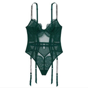 Victoria's Secret Green VERY SEXY Shine Strap Lace Teddy with Garters sz…